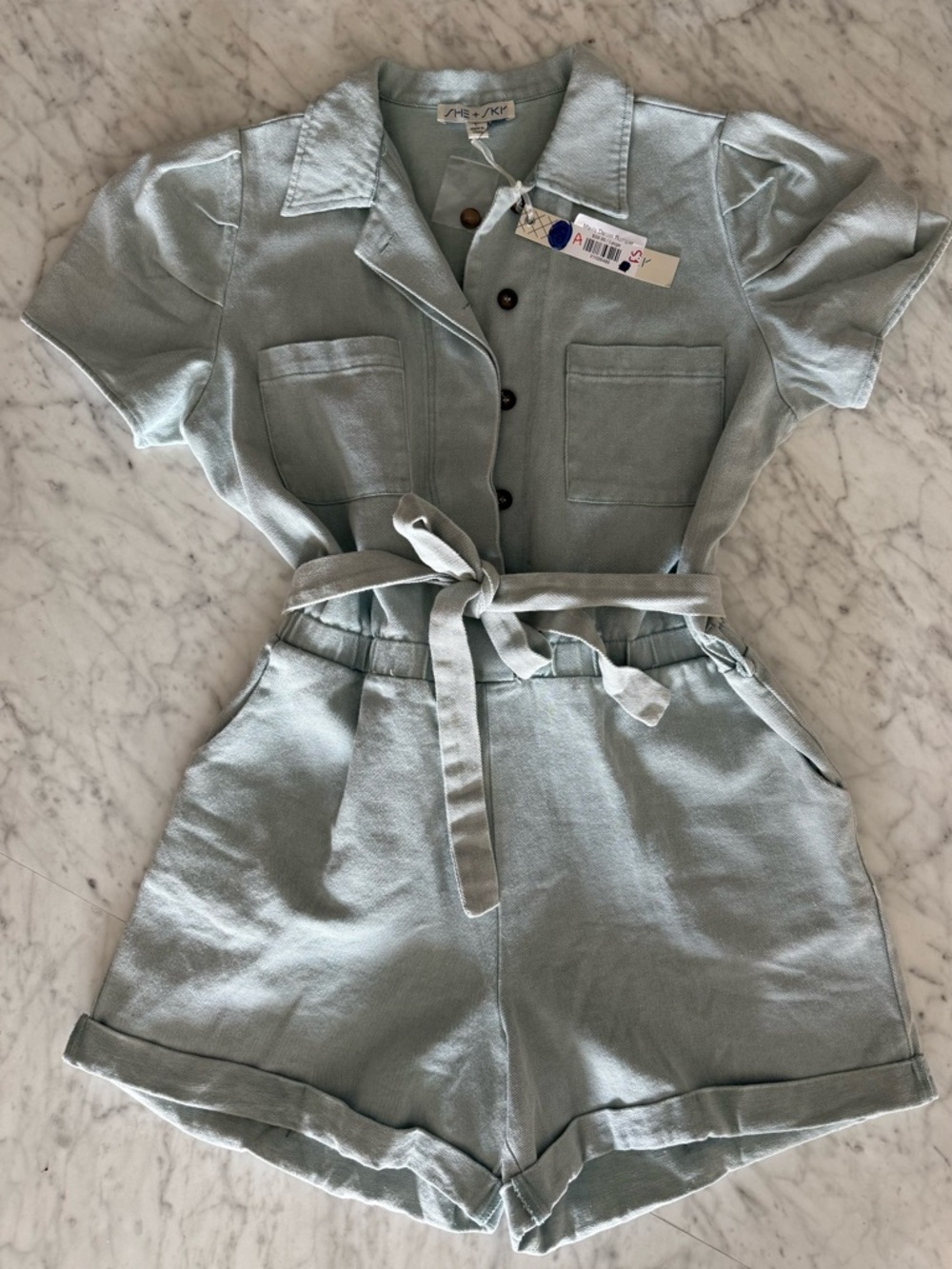 NWT Light Denim Utility Romper with Tie Waist